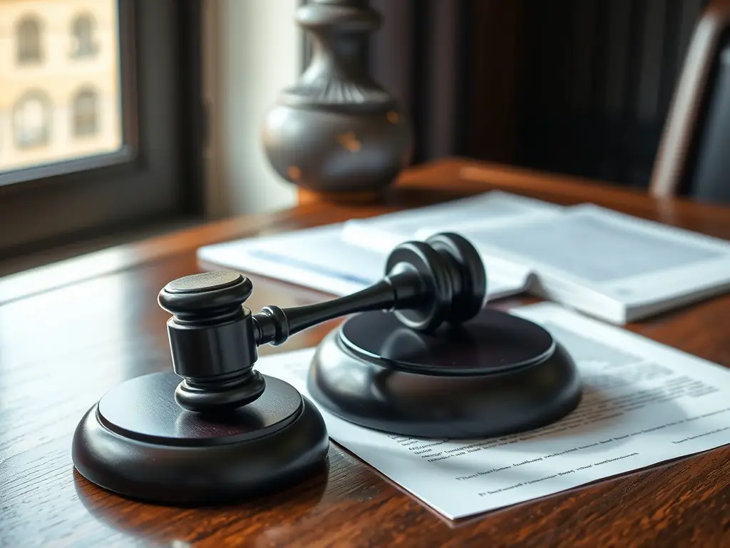 A gavel and legal documents on a wooden desk, representing legal themes.
